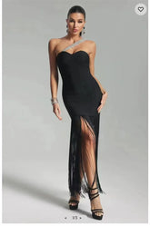 2024 Summer Women New Black Sexy One Shoulder Diamond Sleeveless Bodycon Bandage Dress Elegant Fashion Tassel Long Dress